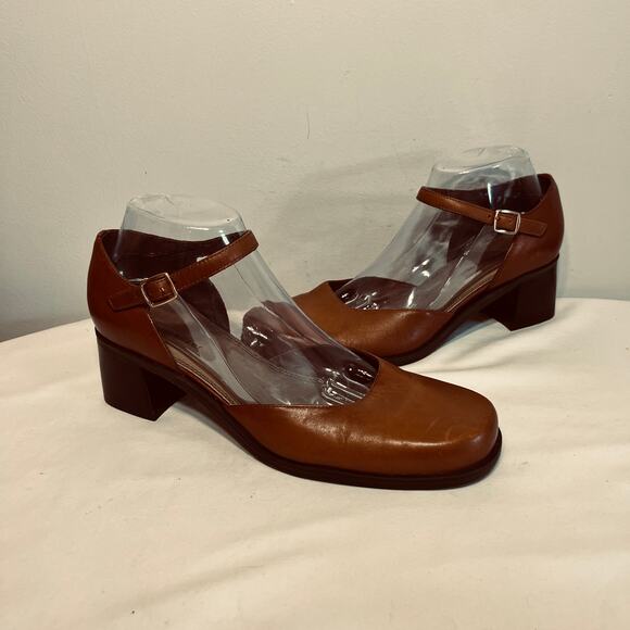 Naturalizer Shoes VTG 90s Chunky Heel Mary Janes Brown Leather Square Toe 9.5M - Picture 1 of 8